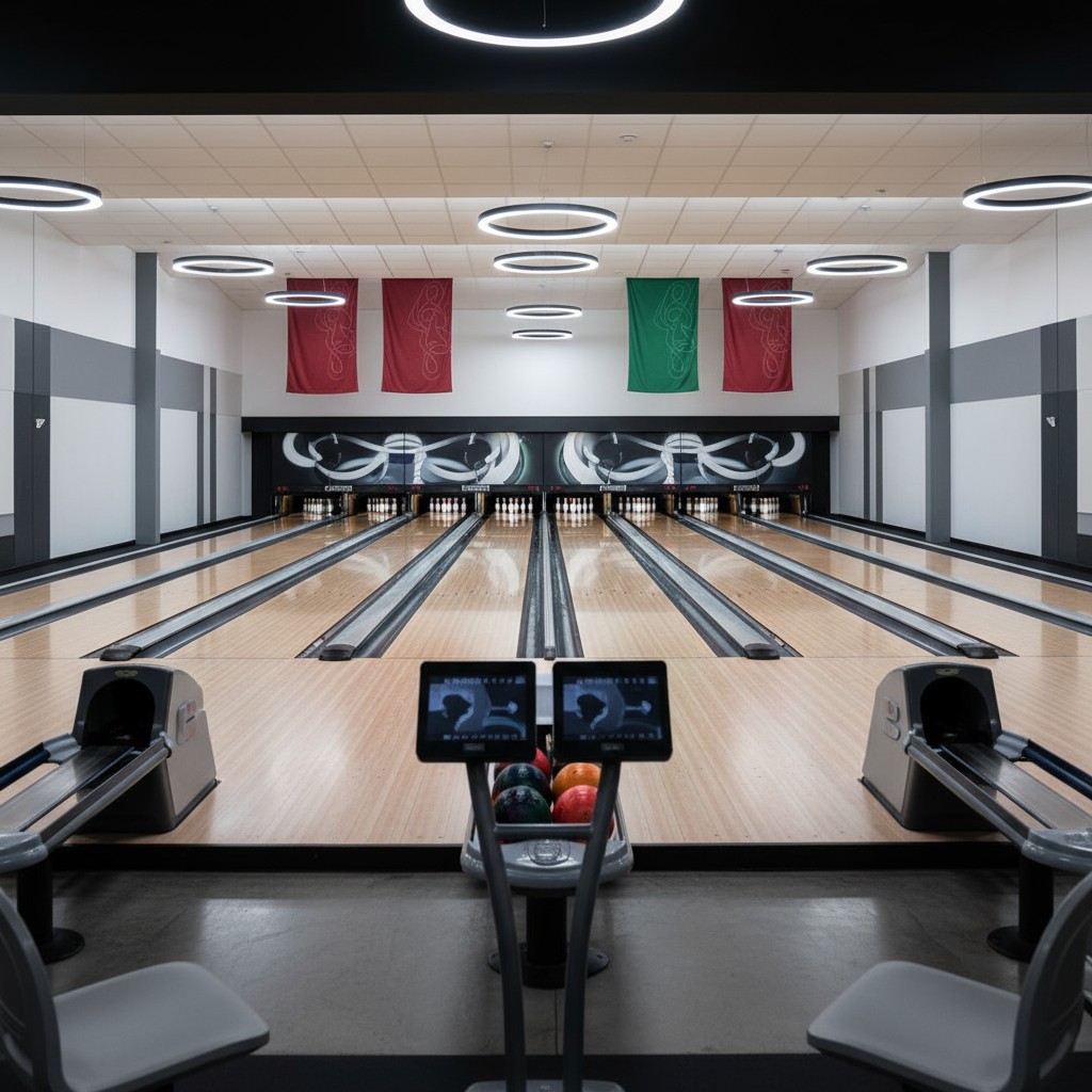 Smack-dab-looking bowling alley, appears ready but vacant for bowling and social interaction, no doubt.